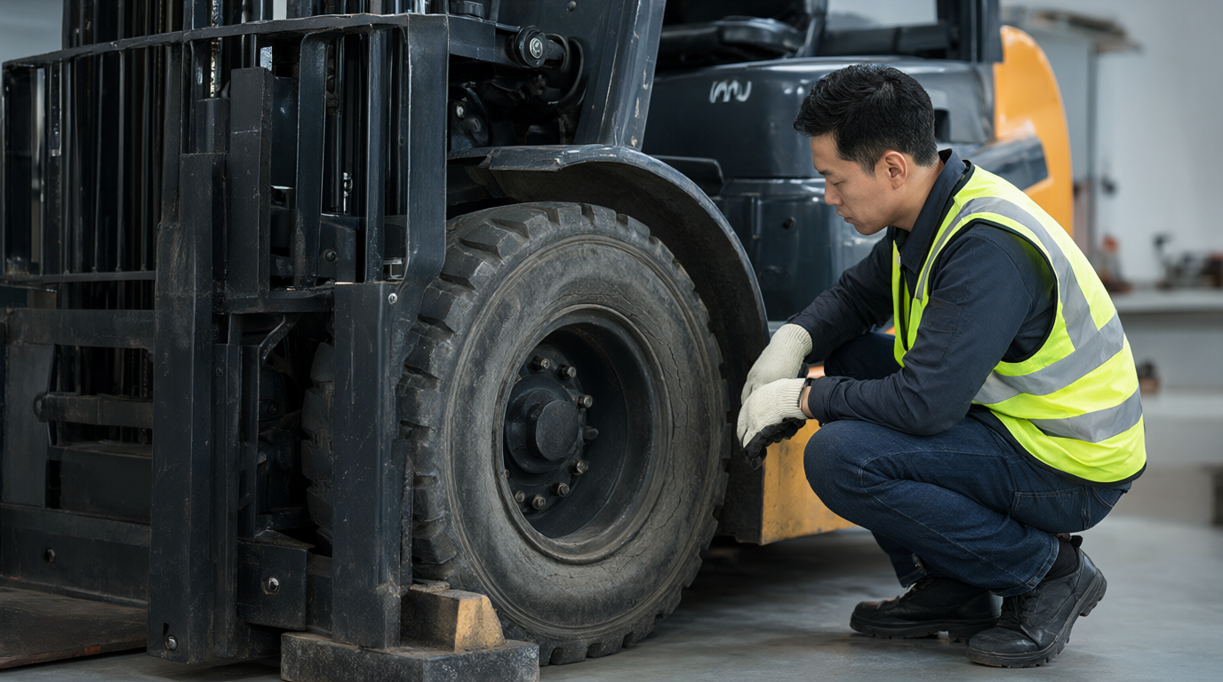 复工前检查叉车轮胎外观与胎辋状态(AI场景示意,非具体产品或操作规程演示)。