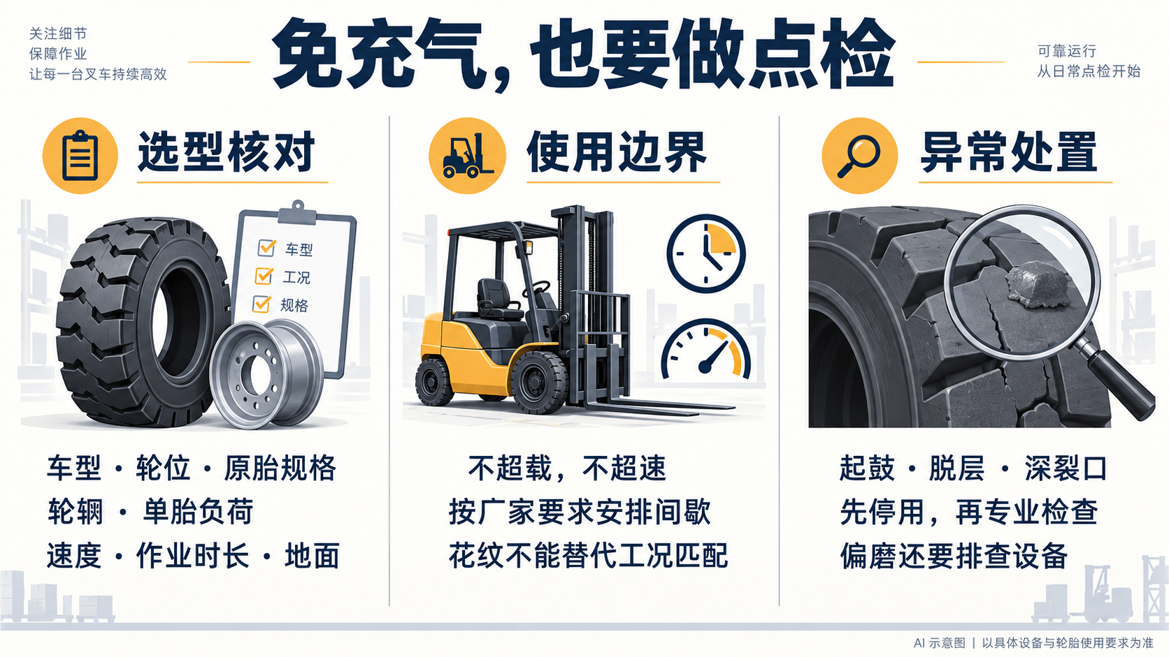 实心胎选型核对、使用边界和异常处置三项检查清单(AI示意图)