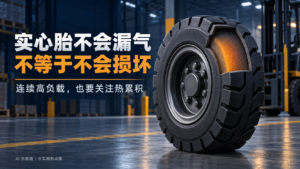实心橡胶轮胎及内部热量概念剖面，说明免充气不等于不会损坏（AI示意图，非实测热成像）