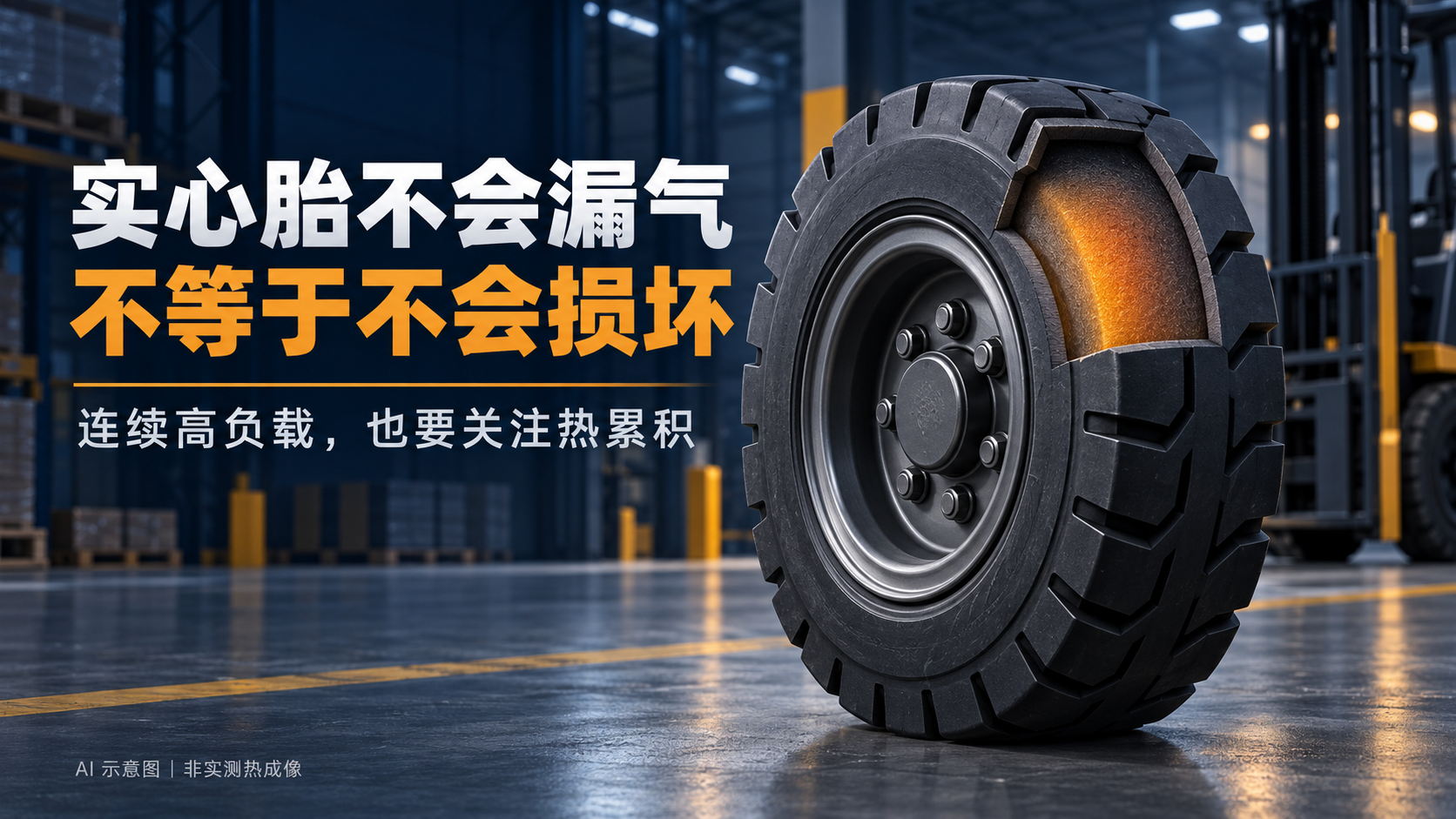 实心橡胶轮胎及内部热量概念剖面,说明免充气不等于不会损坏(AI示意图,非实测热成像)