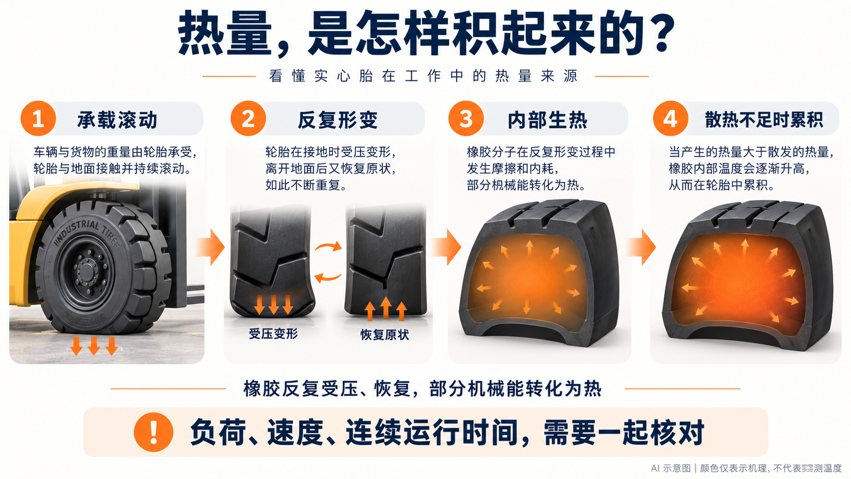 实心胎承载滚动、反复形变、内部生热及散热不足时累积的机制示意(AI示意图)
